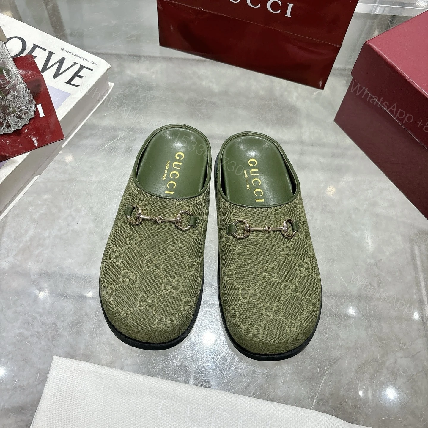 View 2 of GUCCI WOMEN MULE WITH HORSEBIT DARK GREEN GG CANVAS 837130 FAB10 3046