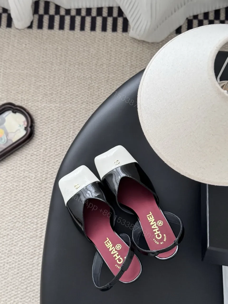 View 7 of White-to-Dark Patent Open-Toe Slingback Heels with Block Heel