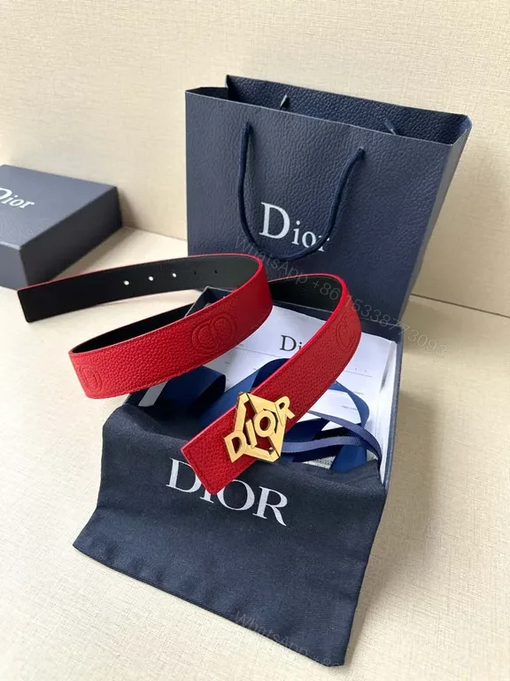View 4 of Bold Red Leather Belt with Dior Logo Buckle - Statement Luxury Belt