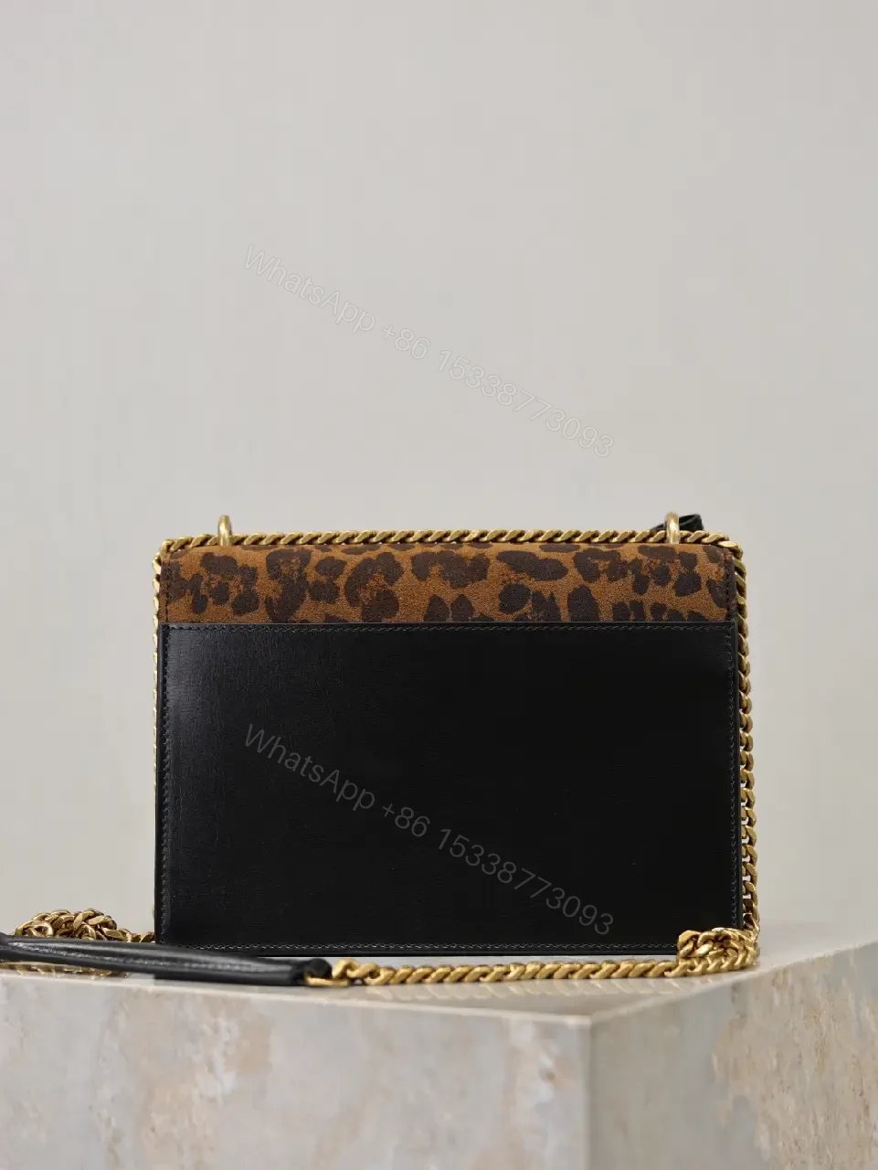 View 2 of Leopard Print Flap Bag with Gold Monogram Chain Strap
