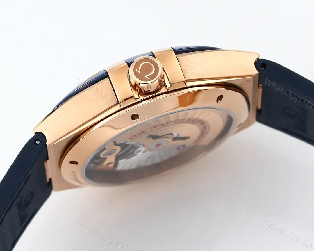 View 7 of Omega Constellation Meteorite Series 5th Generation Watch 41mm Blue Dial Rose Gold Case Leather Strap