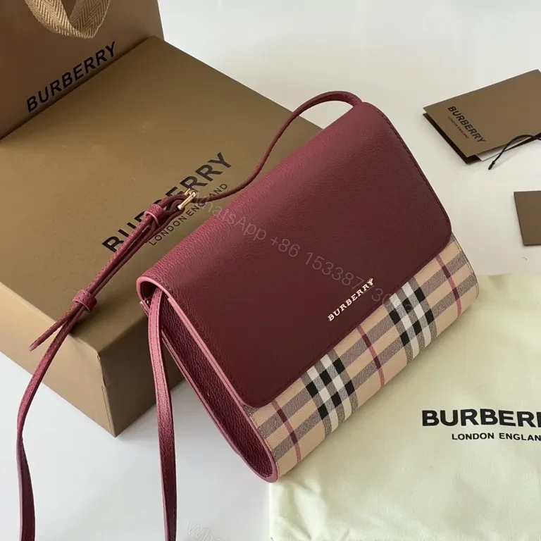 View 5 of Burberry Burgundy Leather Plaid Crossbody Bag with Gold Accent