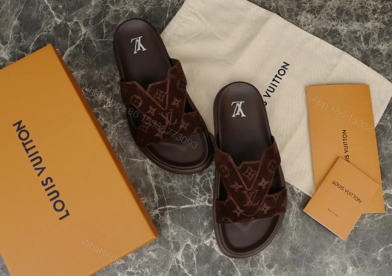 View 5 of Brown Monogram Sandals | Suede Straps | Casual Luxury Slides
