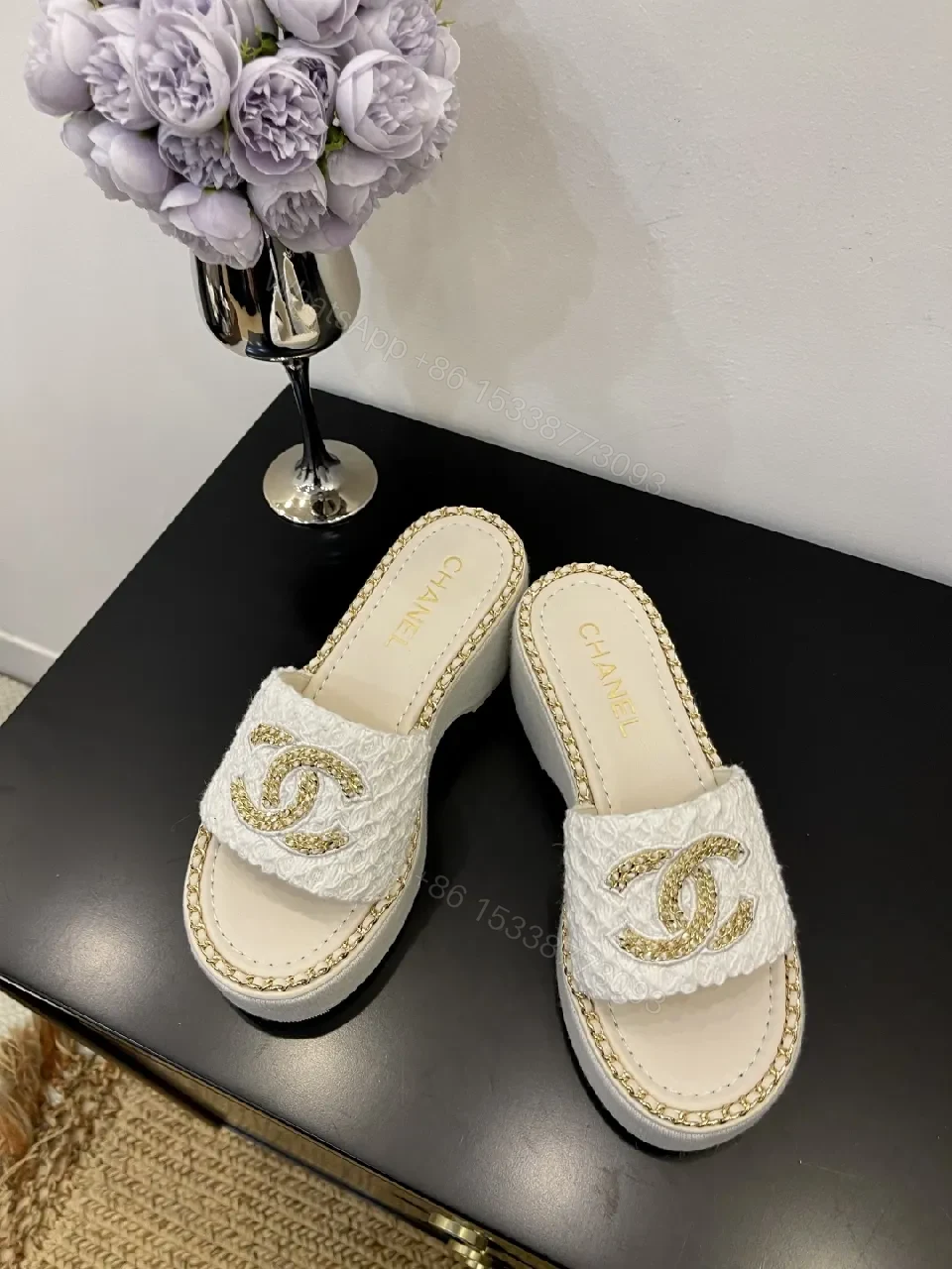 White Textured Slide Sandals with Gold Logo, Open-Toe Mule Product — view 1