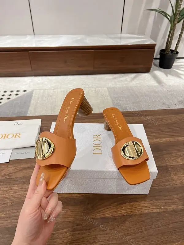 Tan Leather Mule Gold Logo Buckle Dior Style Heel Slip-On Sandal — view 1