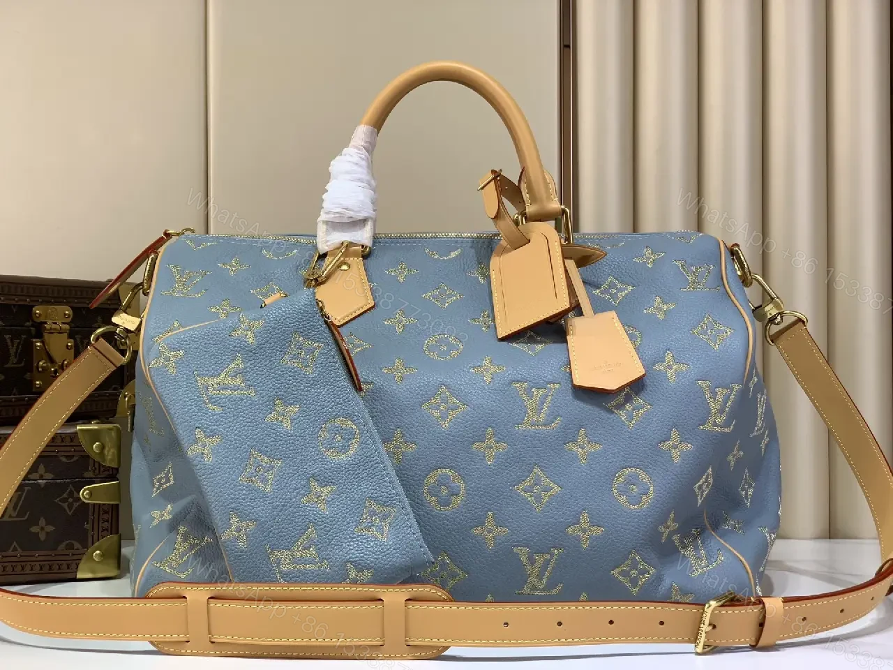 View 7 of Blue Canvas Monogram Duffel Bag, Structured Travel Weekender, Leather Trim