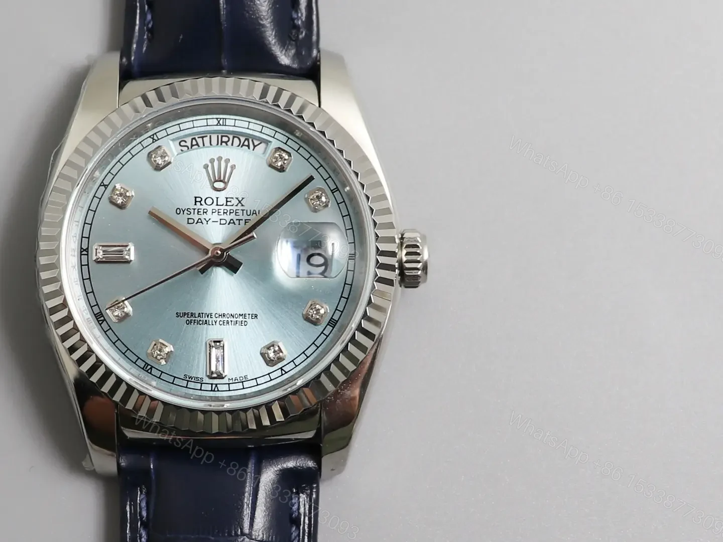View 4 of Fake Rolex Day-Date Ice Blue Diamond Premium 128236-ROLEX-DD36-ICE-DIA ROLEX-DD36-ICE-DIA Leather Strap 36MM