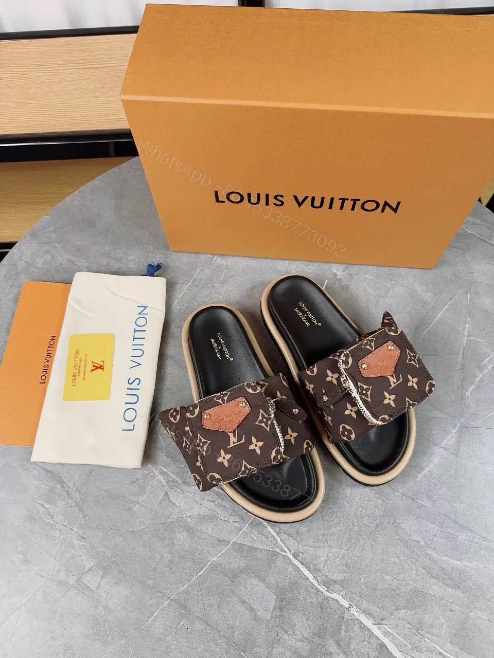 View 3 of Brown Monogram Leather-Trim Slides: Everyday Luxury Footwear
