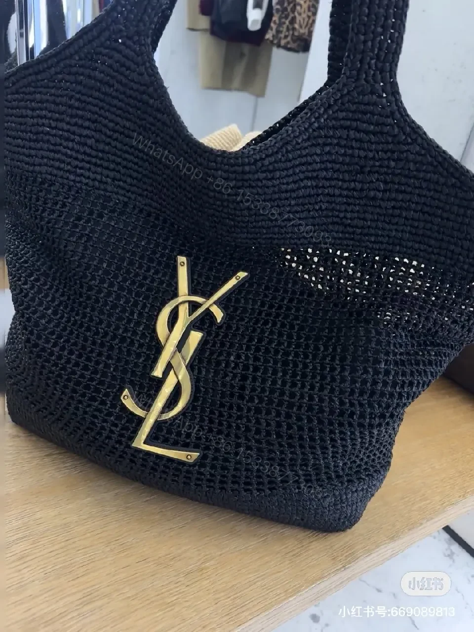 View 3 of Chunky Black Woven Tote: Luxe Monogram-Inspired, All-Day Carry