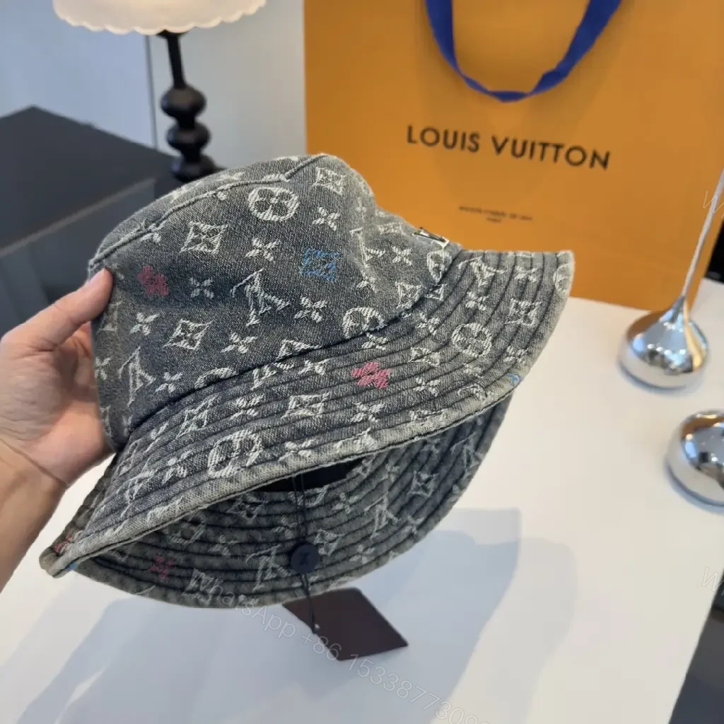 View 4 of Grey Denim-Feel Bucket Hat Monogram Detail, Unisex Style