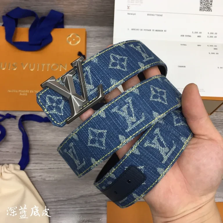 View 8 of Denim Monogram Belt with Gold LV Buckle - Luxury Accessory