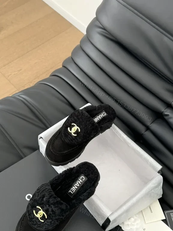 View 2 of Velvet Trim Slippers - Chanel-Inspired, Gold Logo Slip-Ons