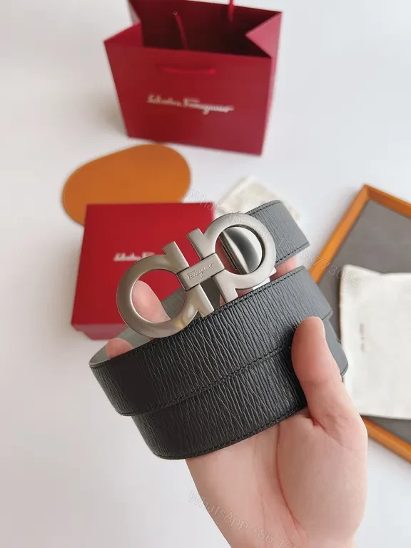 View 5 of Ferragamo Gancini Belt: Black Leather, Silver Buckle, Modern Classic