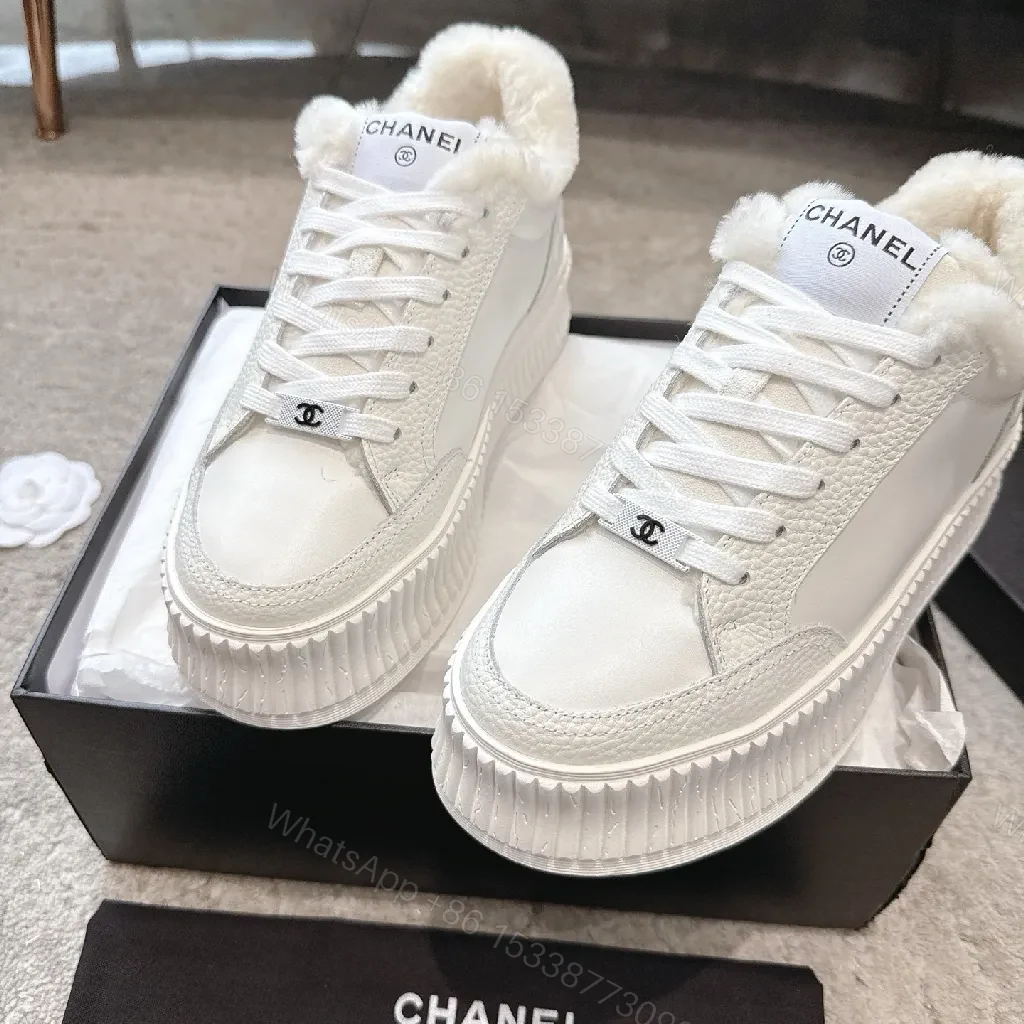 View 8 of White Leather Platform Sneakers with Plush Shearling