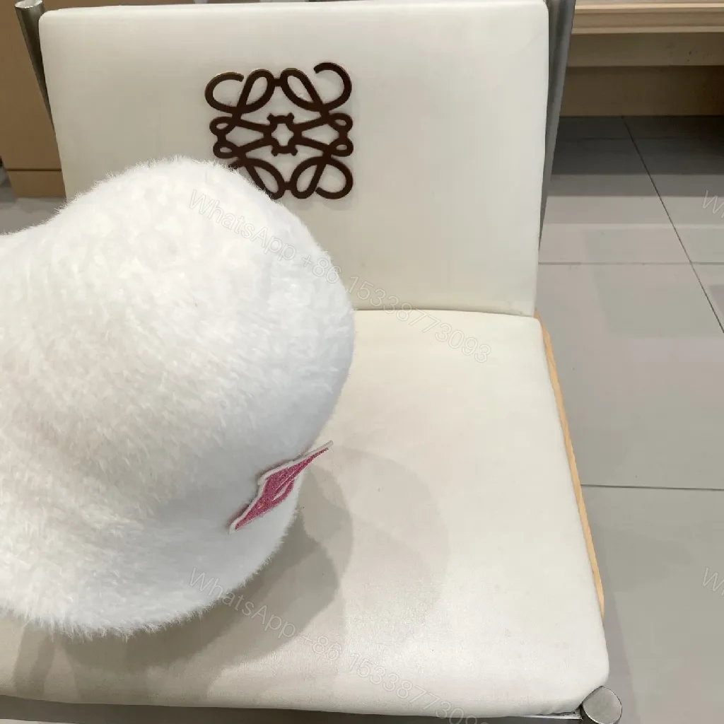 View 9 of White Fuzzy Bucket Hat - Pink Monogram Designer-Inspired Logo