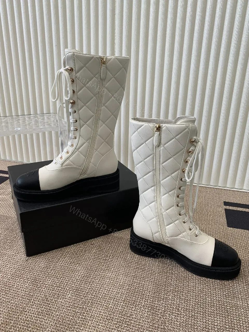 View 3 of Off-White & Black Leather Combat Boots with Luxe Lug Sole