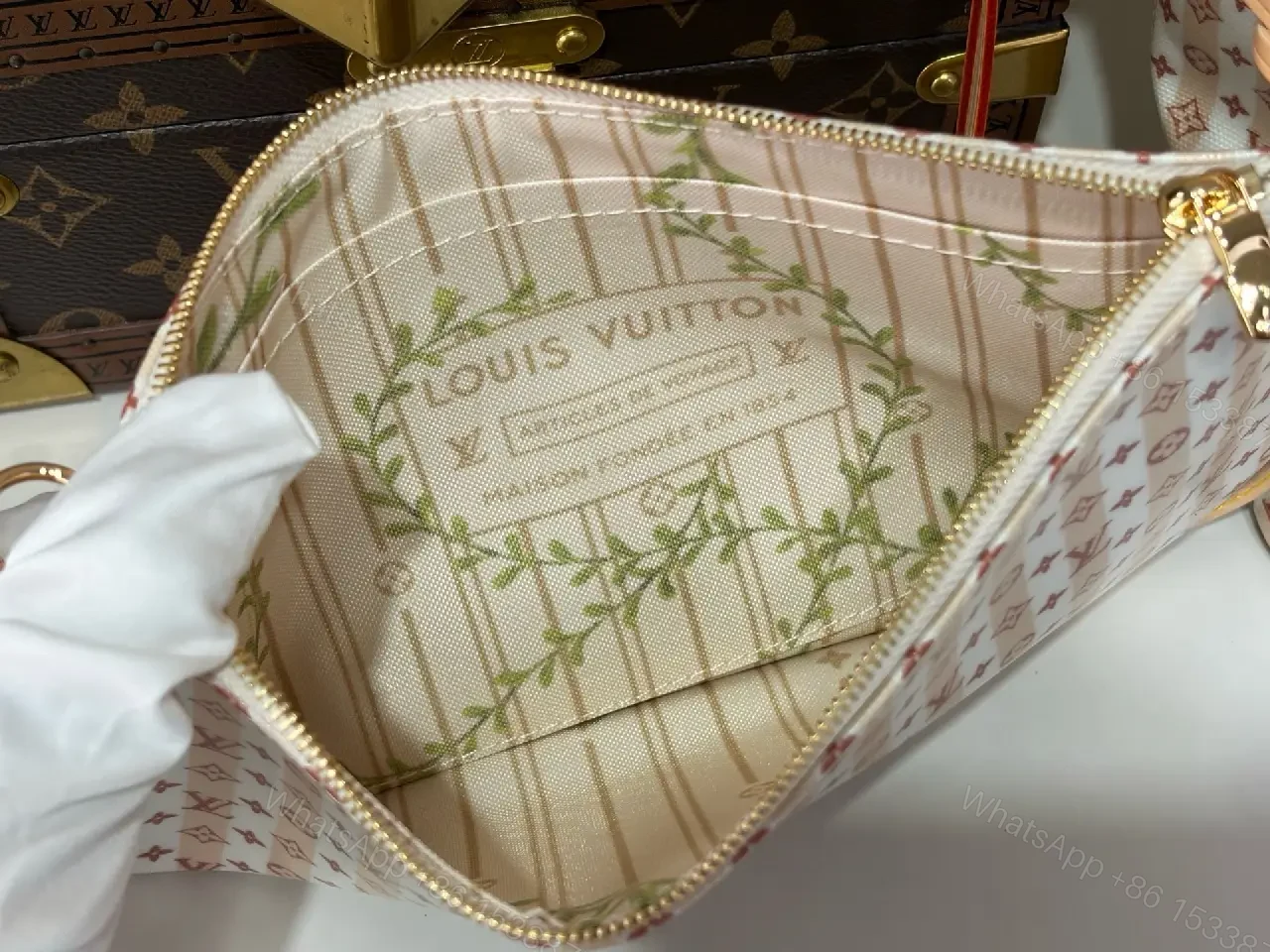View 8 of White Tote Bag with Brown Trim and LV Monogram Details