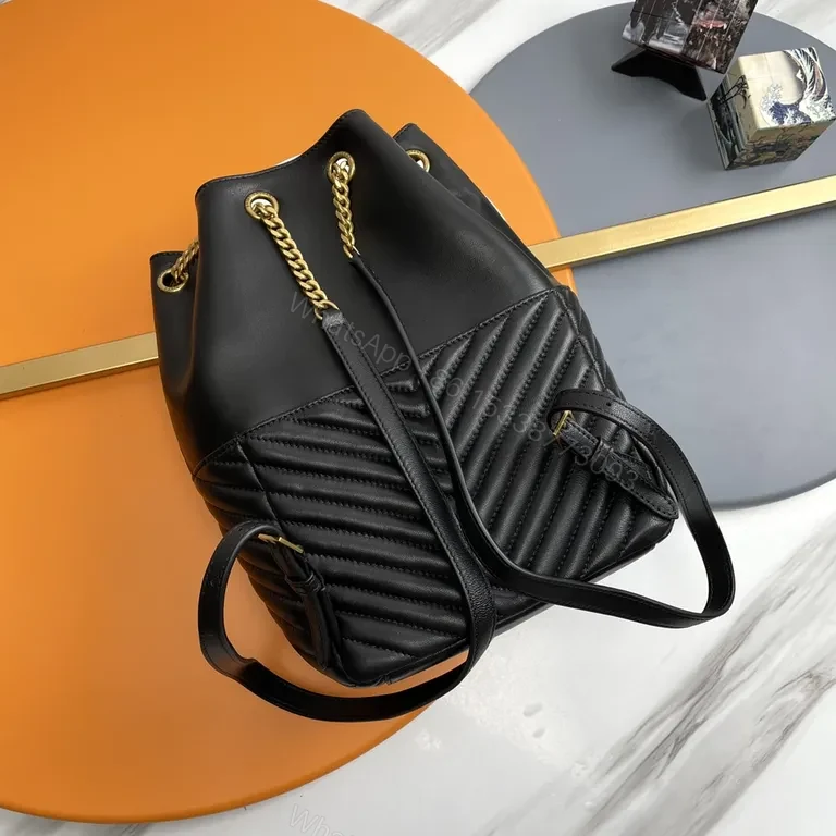 View 3 of Chic Leather Quilted Bucket Bag with Gold Monogram