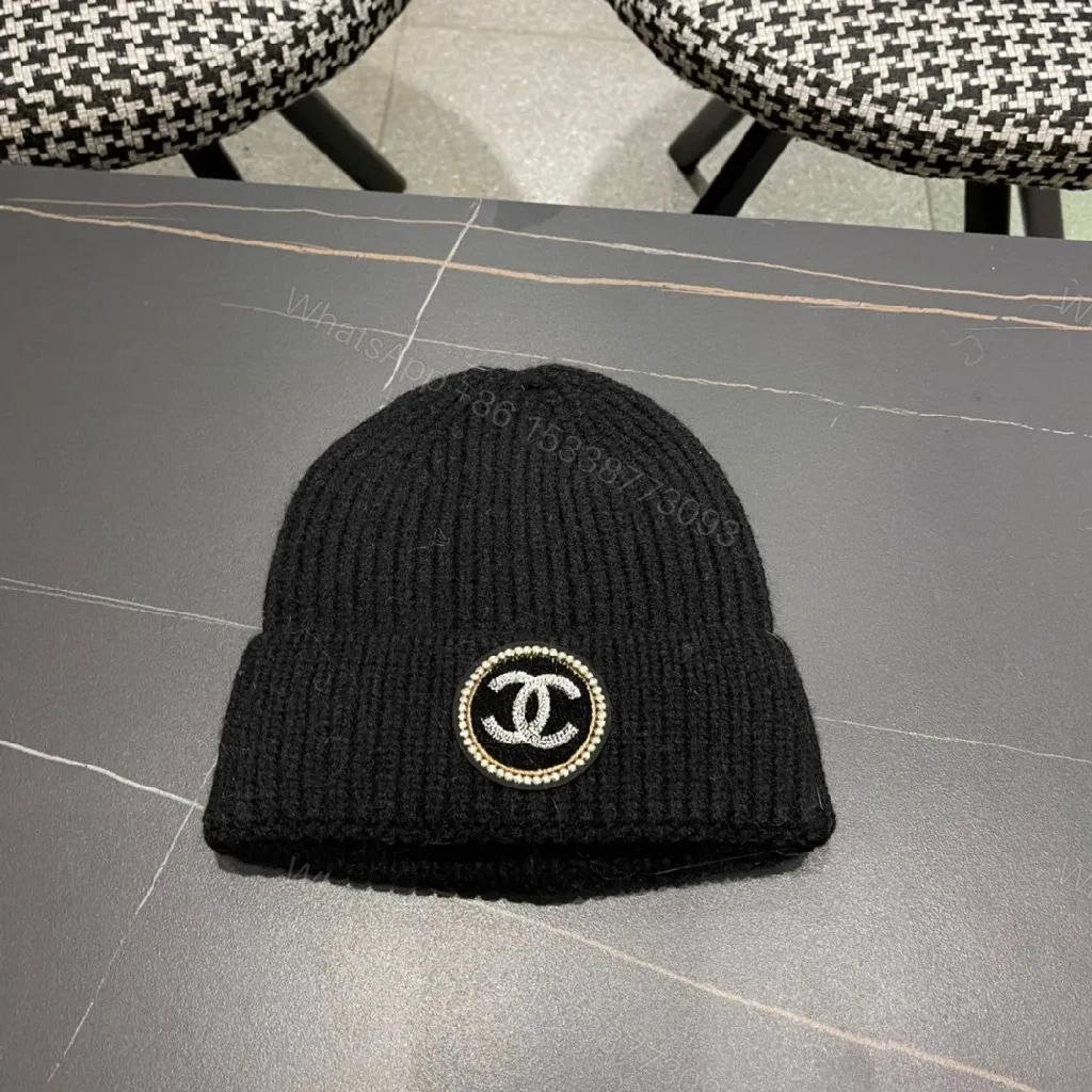 Black Knit Beanie with Luxe Badge, Everyday Luxury, One-Size, Casual Style — view 1
