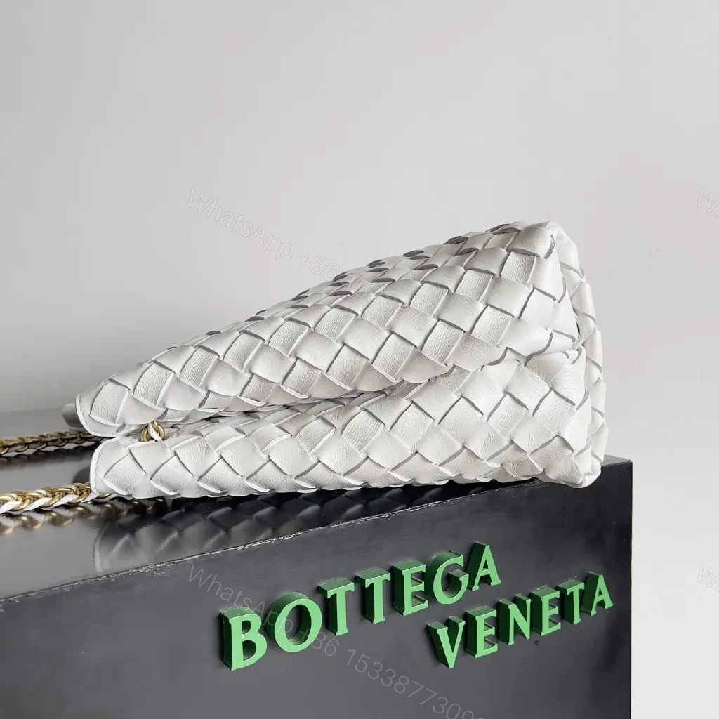 View 2 of White Faux Leather Tote with Gold Chain Accent, Woven Style Bag