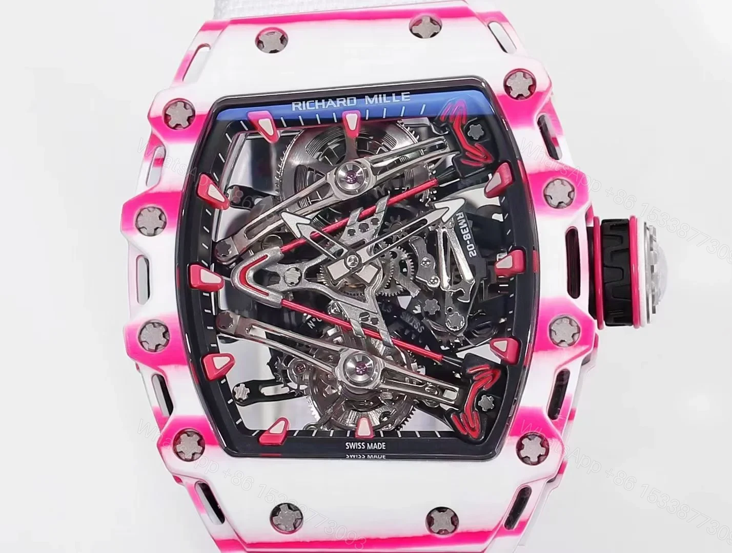 View 6 of Richard Mille RM38-02 Tourbillon Bubba Watson Watch White Strap Pink Quartz Carbon Fiber Skeleton Dial Golf Inspired Manual Winding Movement RM38-02-BW-WSP-PINK