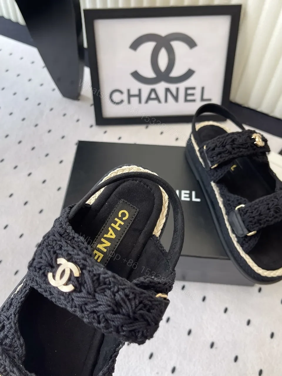 View 6 of Crochet-Texture Sandals in Black with Gold Hardware