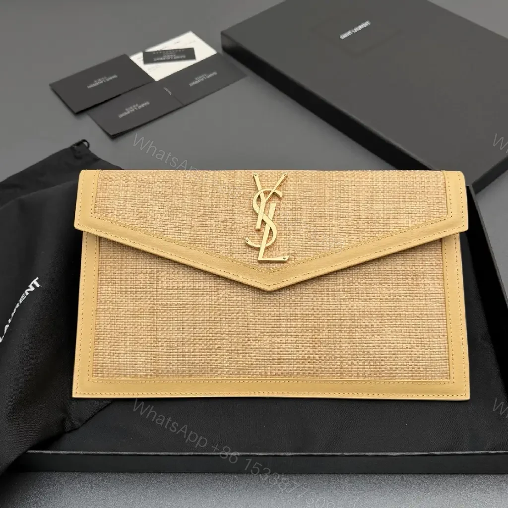 View 9 of Envelope-Woven Wallet on Chain: Luxe Textured Straw & Leather Trim