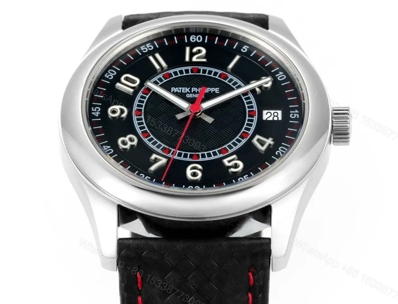 View 3 of Patek Philippe Calatrava 40mm Polished Stainless Steel Watch with Black Ebony Dial and Black Leather Strap