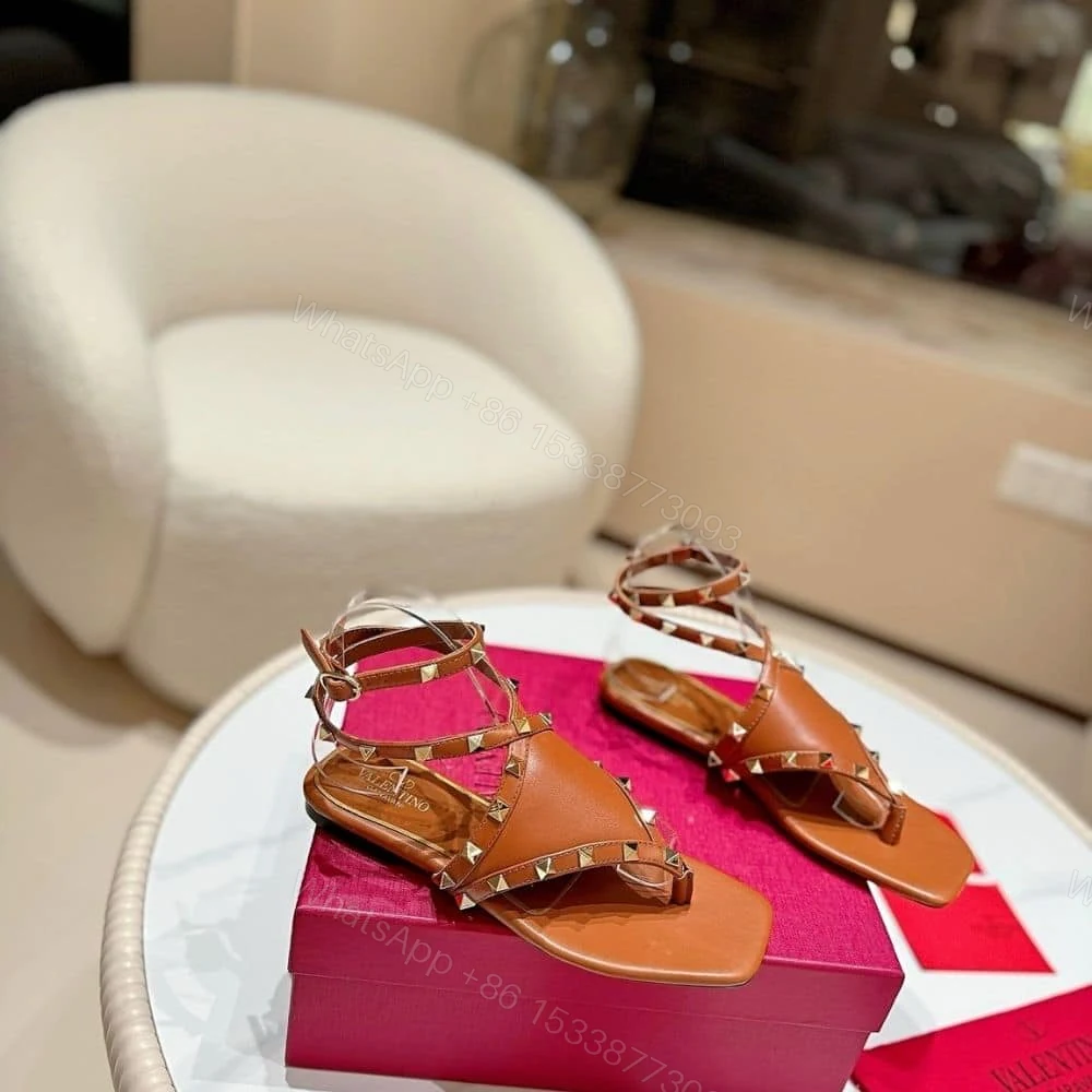 View 4 of VALENTINO GARAVANI ROCKSTUD THONG SANDALS BROWN