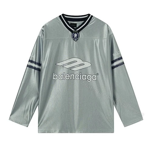 View 8 of Balenciaga Clothes 3B Silhouette Ribbed V-Neck Printed Long-Sleeve T-Shirt Black/Blue/Gray