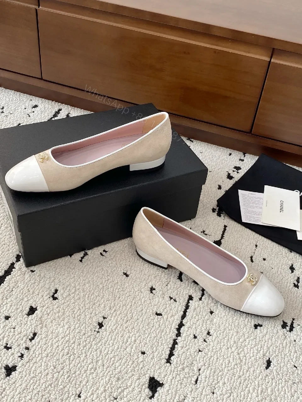 View 9 of Beige Suede Ballet Flats with White Cap Toe and Logo Hardware