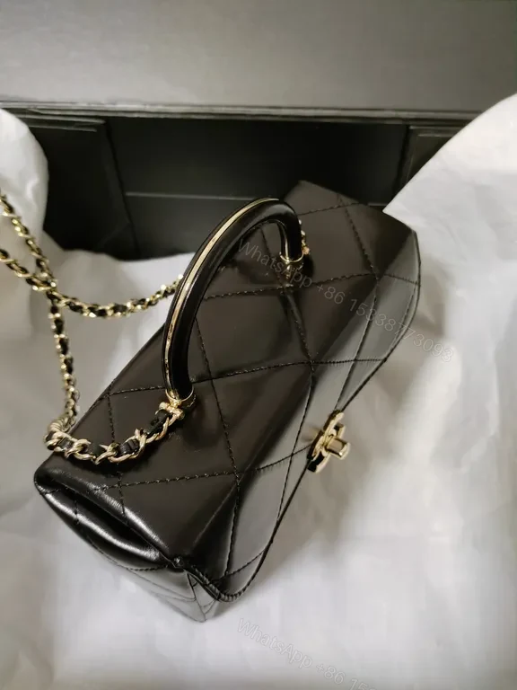 View 3 of Chic Quilted Black Leather Handbag, Gold Chain, Compact