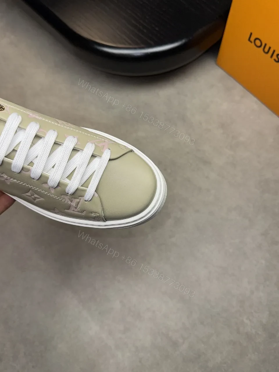 View 5 of Taupe Monogram-Accent Low-Top Sneakers with Subtle Shine