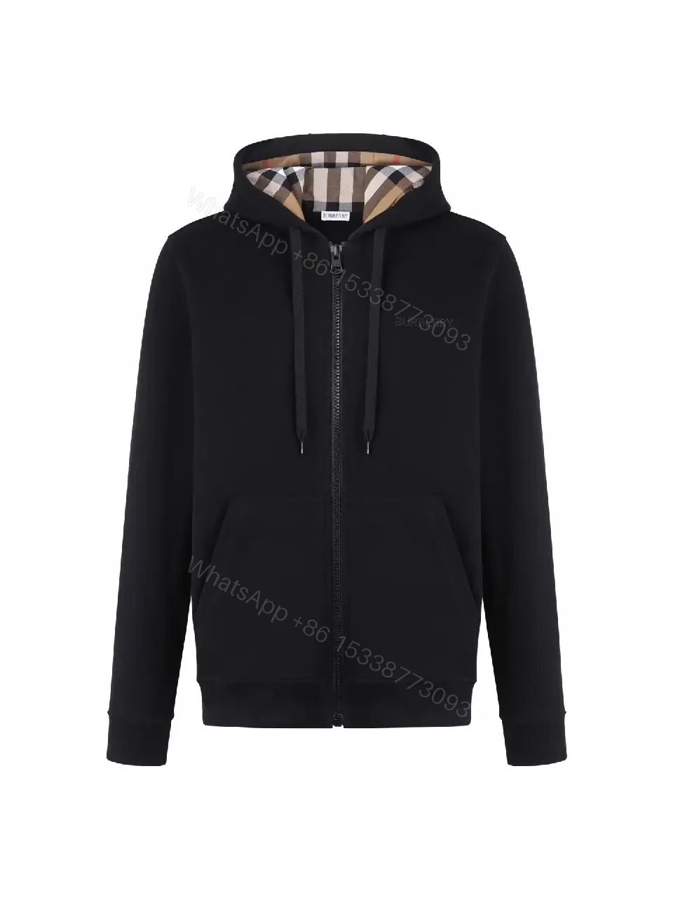 Black Cotton Zip Hoodie with Burberry-Check Interior — view 1