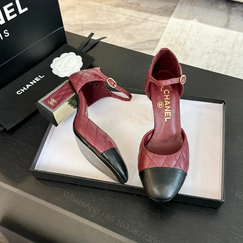 View 8 of Two-Tone Burgundy Quilted Mary Jane Heels with Black Cap Toe