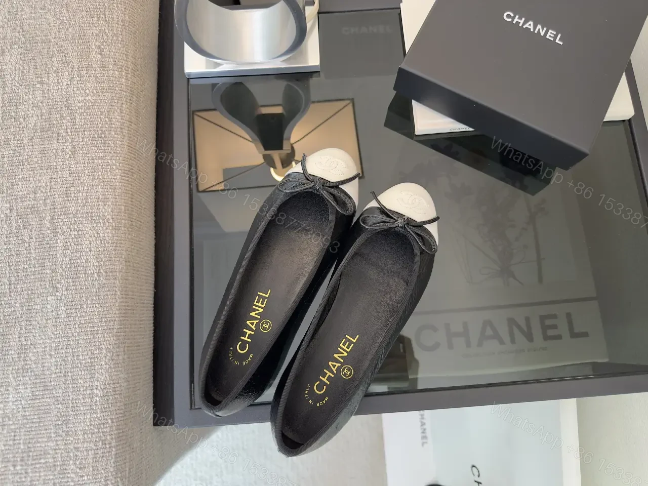 View 6 of Black Leather Ballet Flats White Toe Cap Classic Iconic Logo Chanel Ballet Shoes