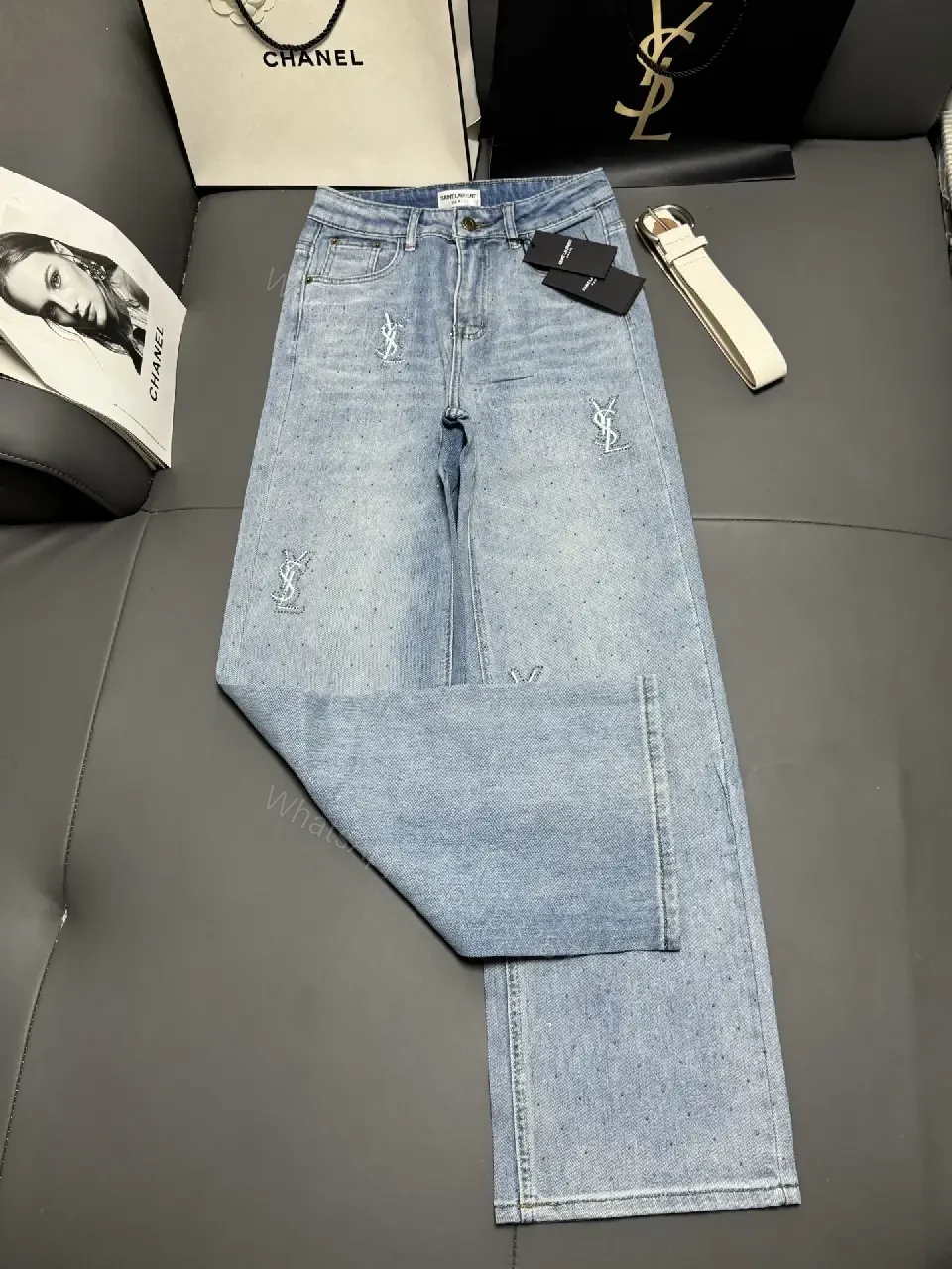 View 11 of Chic Distressed Couture: Wide-Leg Jeans with Emblems