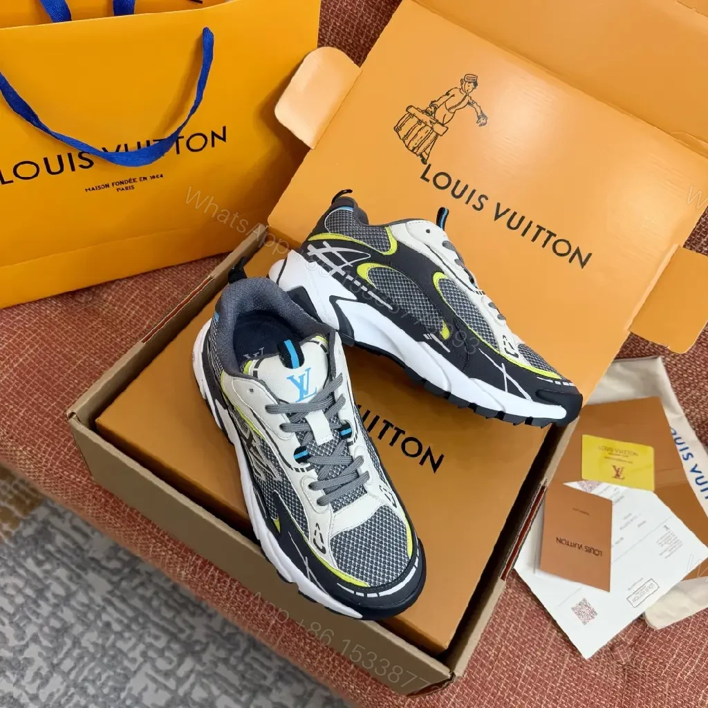 View 4 of Black Grey Mesh Runner Sneakers with Neon Accents, Louis Vuitton Style, Men's/Unisex