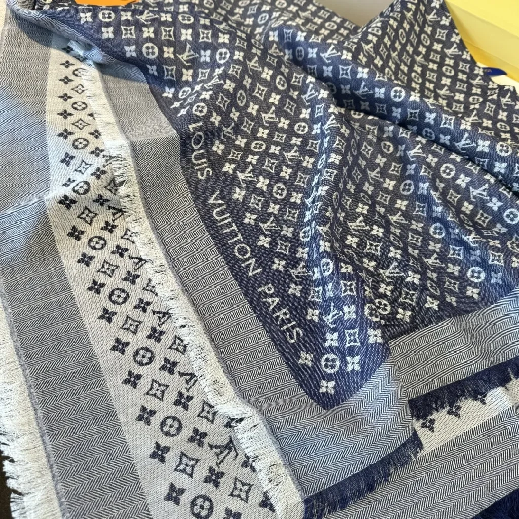 View 2 of Navy Monogram Scarf with Fringed Edge – Luxe Knit Wrap