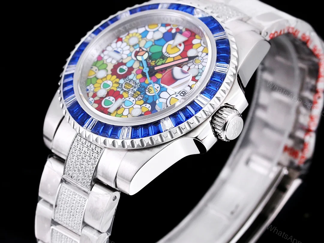 View 6 of Rolex Submariner Colorful Blue Bezel Replica 42MM Premium Pavé Oyster Bracelet RG-ROLEX-SUB-COLORFUL-BLUE-42