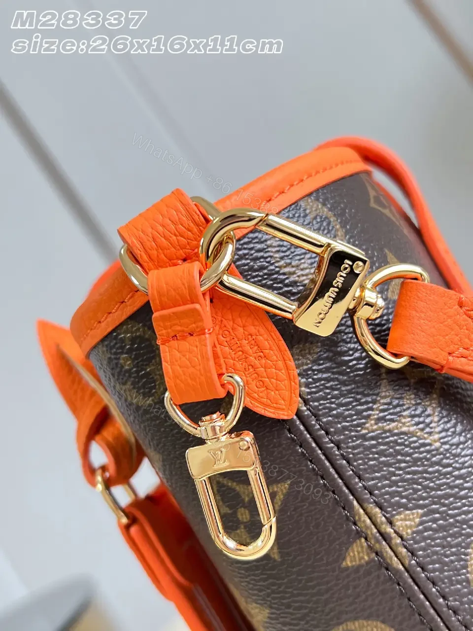 View 6 of Bright Orange Leather Trim Monogram Handbag with Detachable Strap
