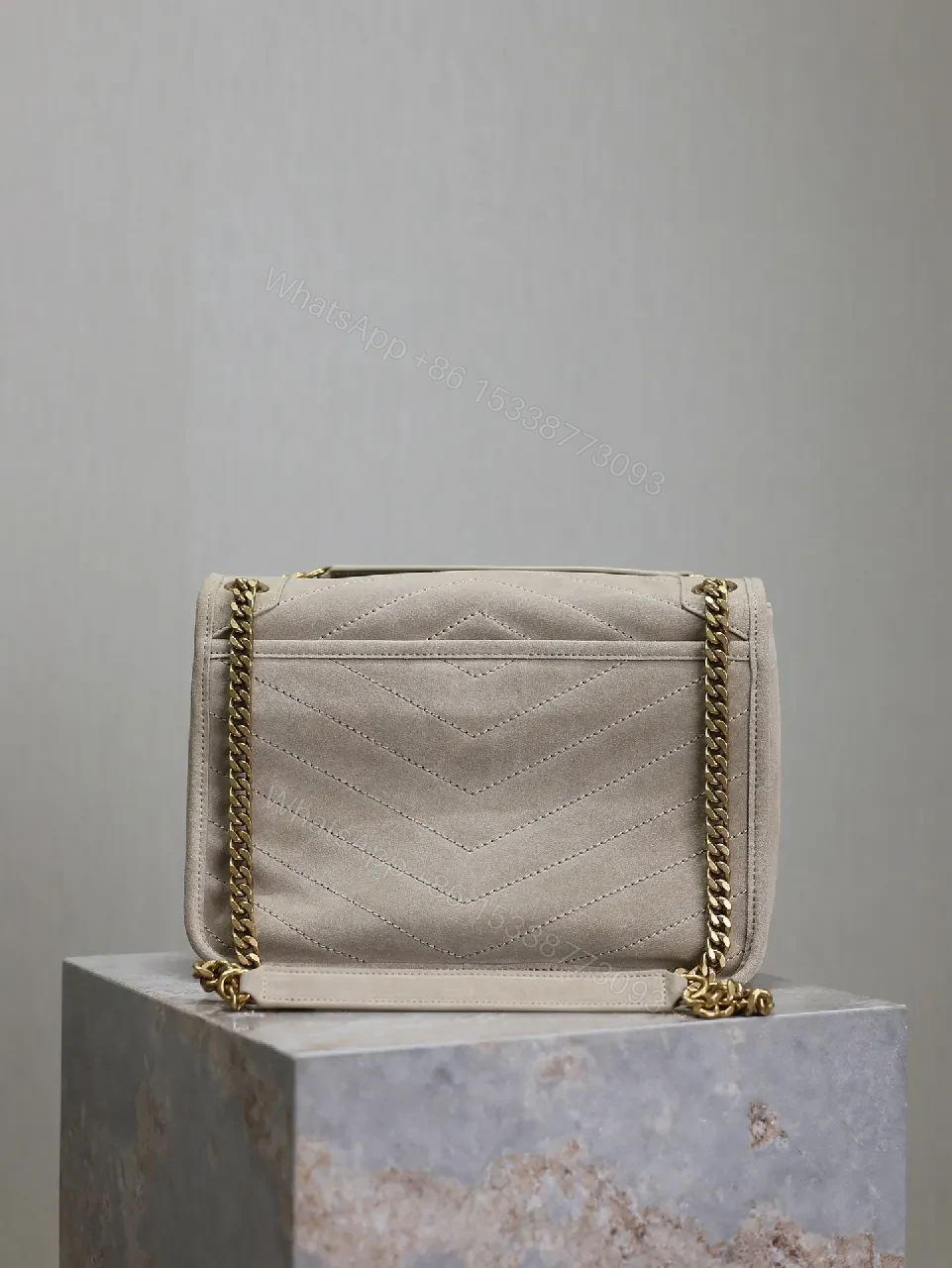 View 8 of Taupe Quilted Crossbody Bag - Suede-Feel, Chevron + Icon Hardware