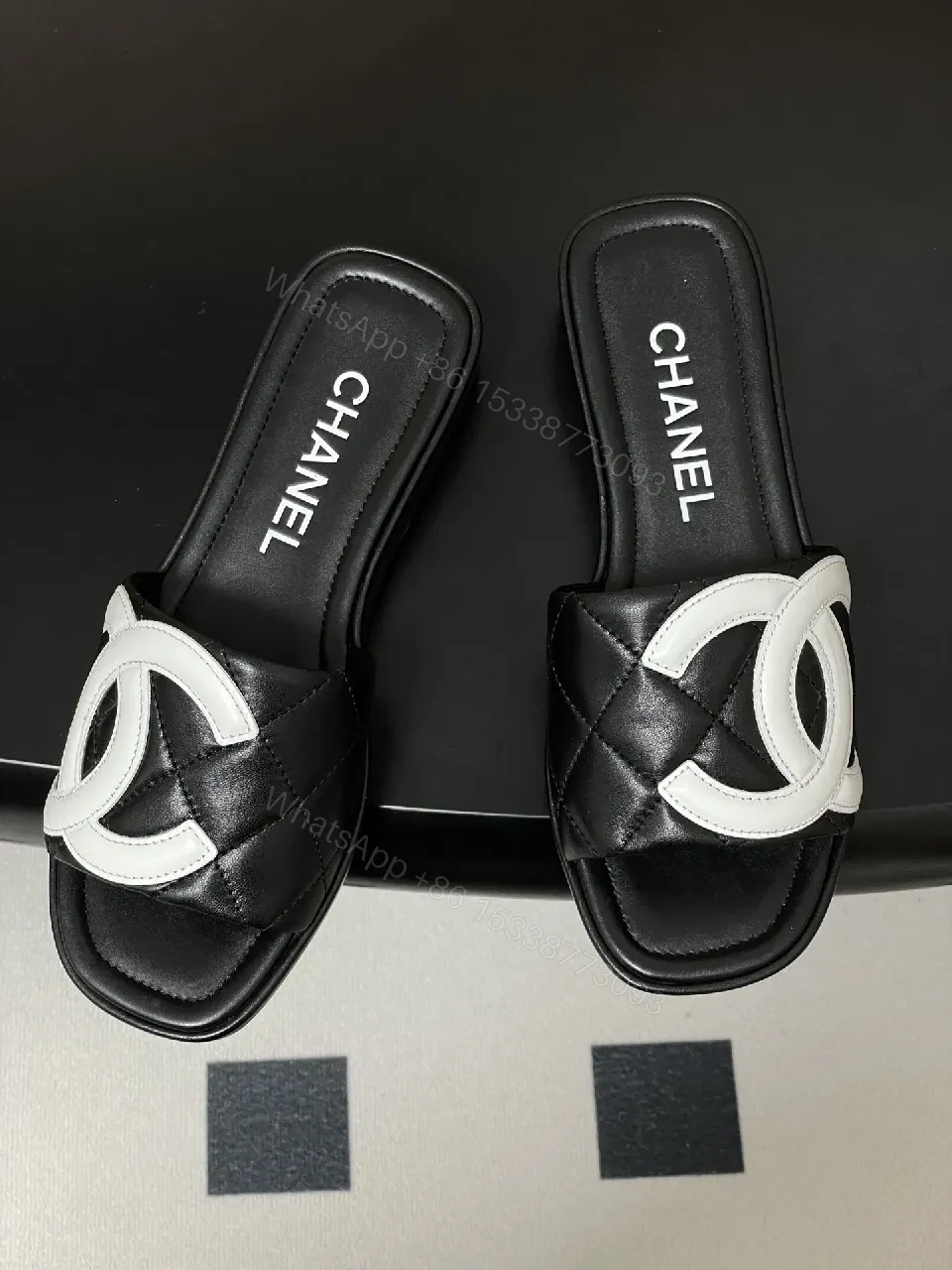 View 5 of Quilted Black Slides with Bold Logo Straps - Luxury Casual