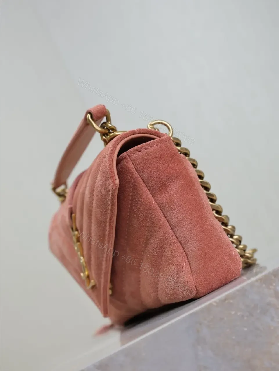 View 4 of Dusty Velvet Crossbody Bag with Gold Monogram Hardware - Modern Chic