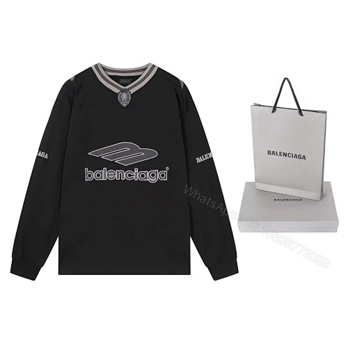 View 7 of Balenciaga Clothes 3B Silhouette Ribbed V-Neck Embroidered & Printed Long-Sleeve T-Shirt Black/Blue