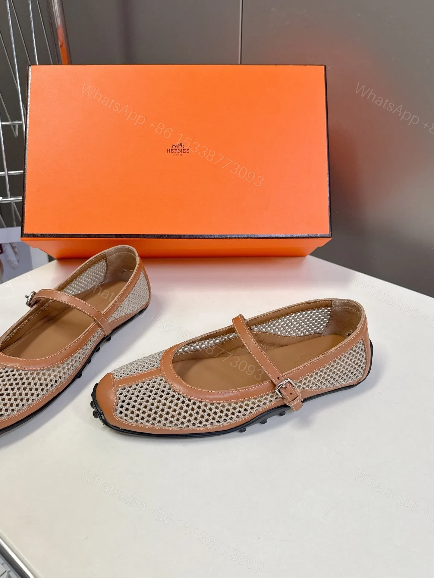 View 4 of Hermes Women Beige Leather Mesh Mary Jane Flats