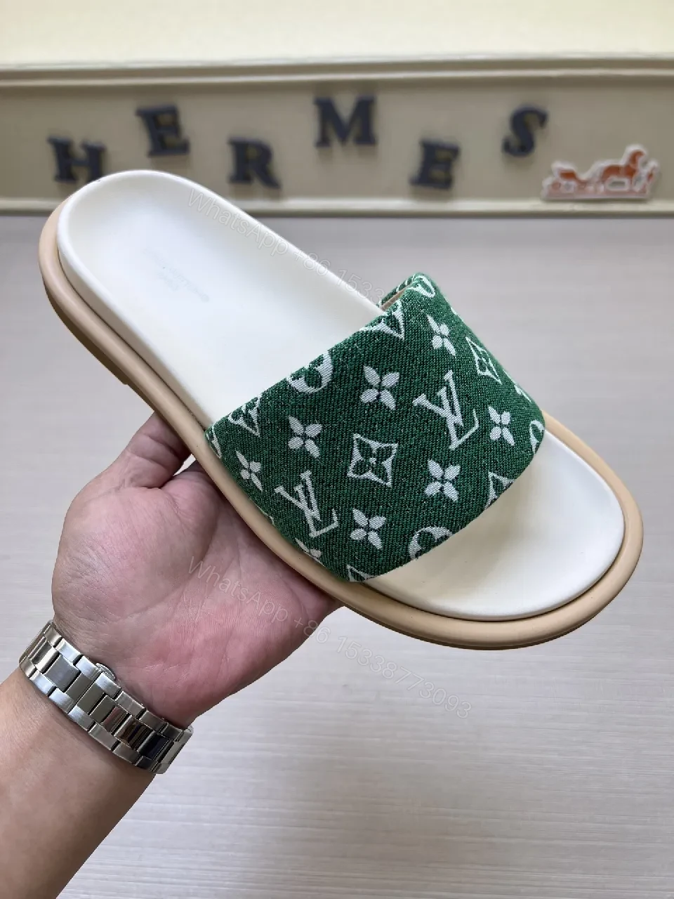 Green Monogram Slip-On Sandal with Patterning — view 1