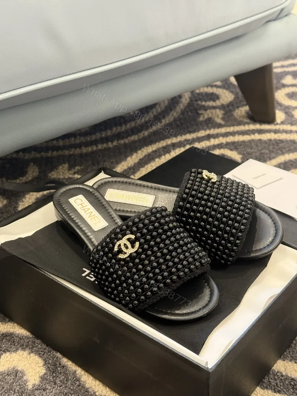 View 2 of Beaded Black Slide Sandals, Luxe-Beam, All-Day Comfort