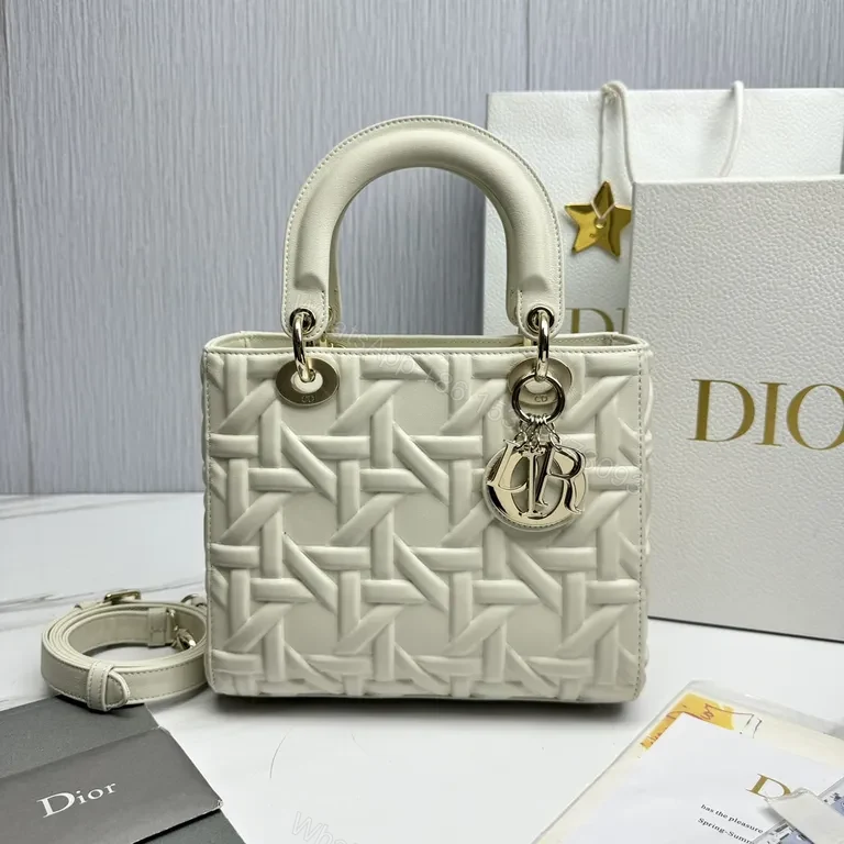 White Leather Structured Tote: Dior-Embossed, Compact Luxury Tote — view 1