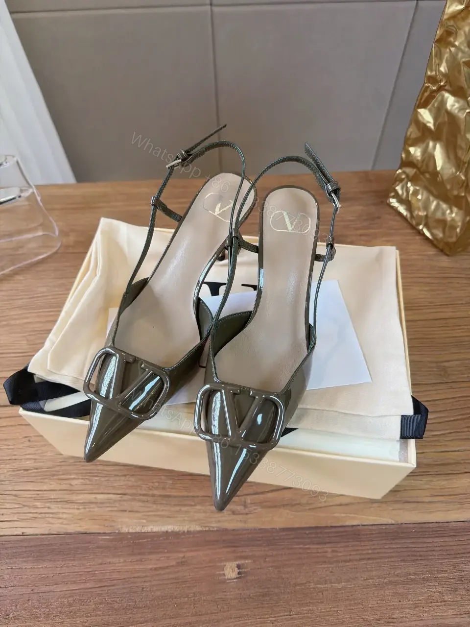 View 3 of Gray Patent Slingback Heels with Buckle Detail, Stiletto, 2.5"